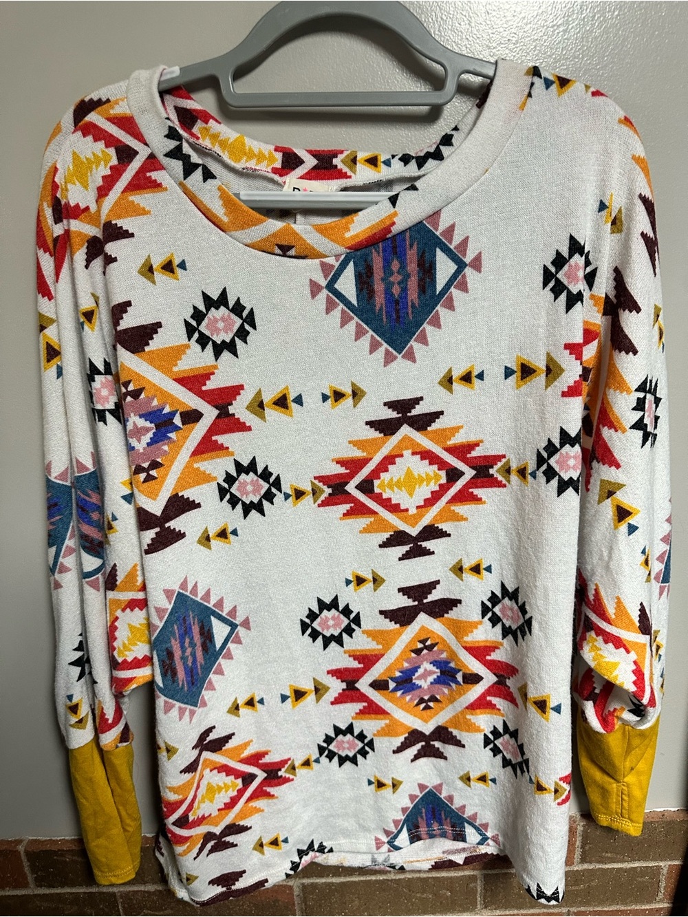 BiBi White Aztec-Print Scoop Neck Pullover with Mustard Cuffs